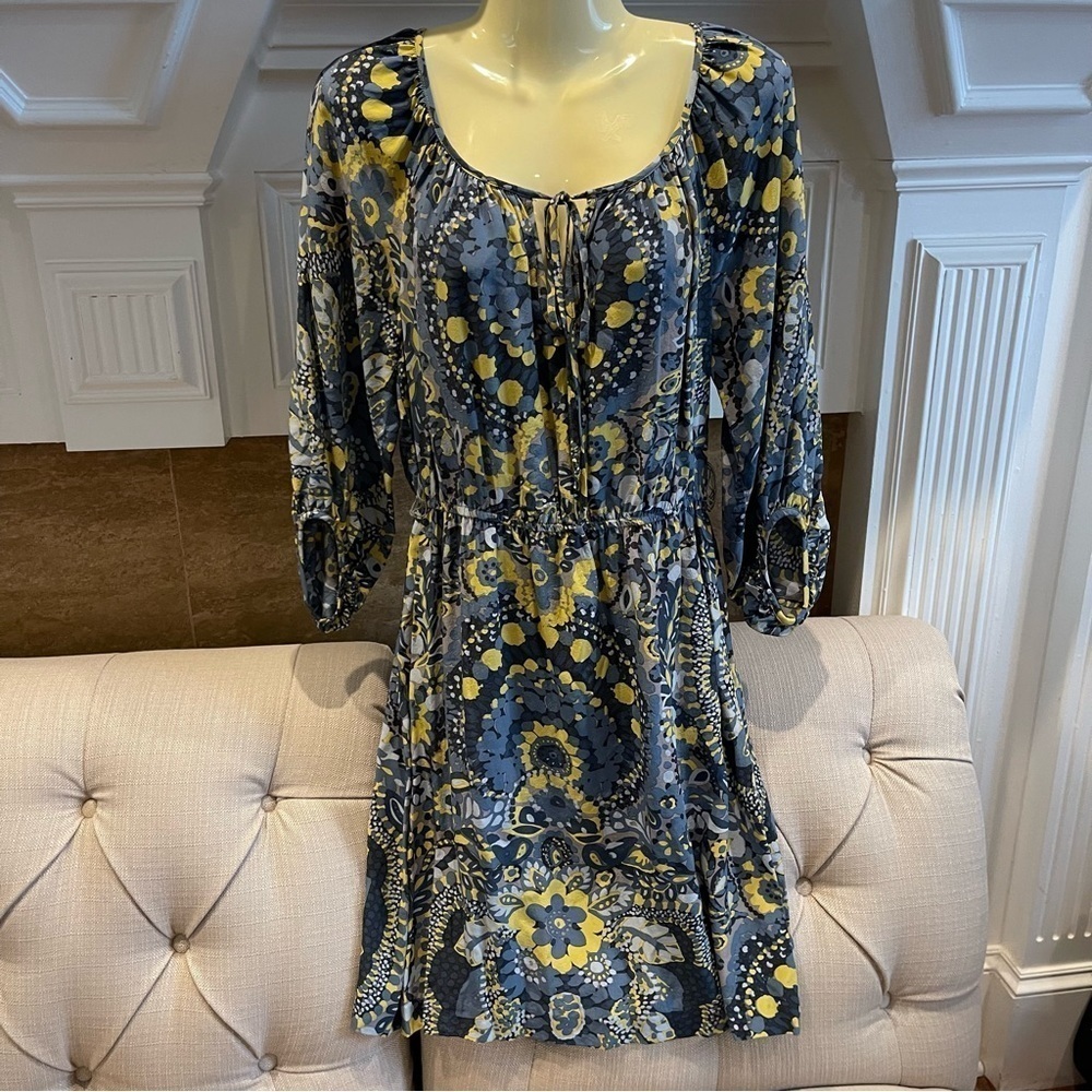 TRINA TURK Dress Women’s 6 Gray Yellow Floral Print Long Sleeve 100% Silk